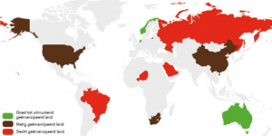 Wereldkaart met daarop de staat van vrouwenemancipatie in een aantal landen.