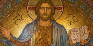 Religie: Afbeelding van Jezus Christus met een bijbel.