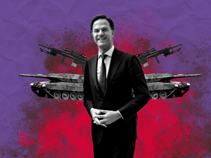 Een collage van secretaris-generaal Mark Rutte van de NAVO met wapentuig op de achtergrond